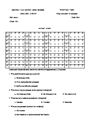 Đề kiểm tra 45 phút môn Tiếng Anh Lớp 10 - Mã đề 386 - THPT Nguyễn Văn Huyên